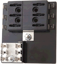 ATO/ATC FUSE BLOCK 6 FUSE CIRCUIT, With Grounding Terminals, ATC & ATO Bladed Fuses.